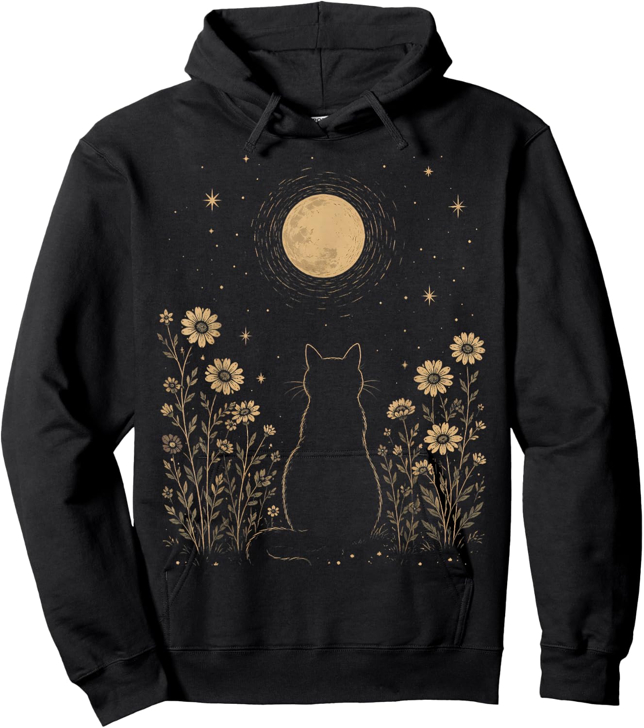 Moonlit Cat Beneath the Stars Hoodie - Hoodie | Black