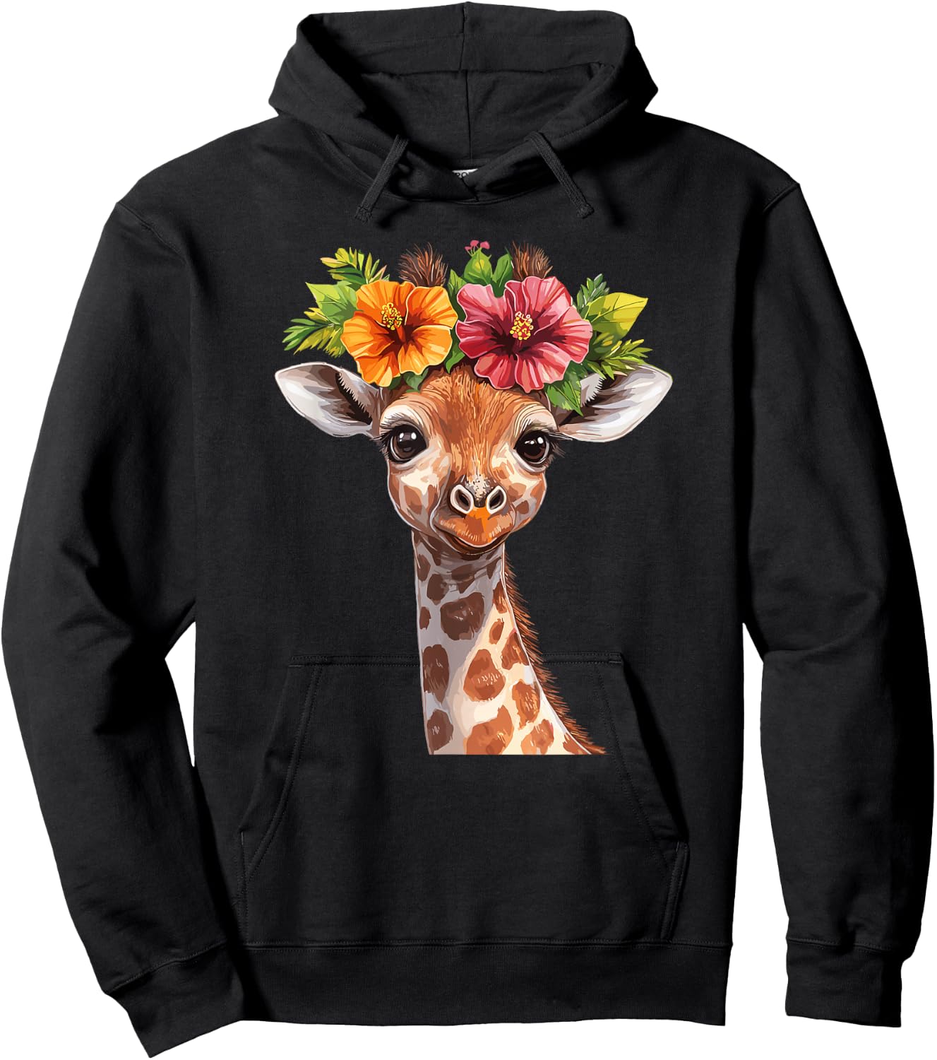 Cute Floral Giraffe With Flower Crown Hoodie - Hoodie | Black