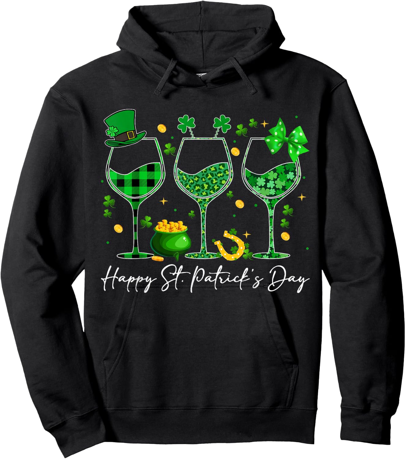Wine St Patricks Day Leopard Green Shamrock Wine Glasses Hoodie - Hoodie | Black