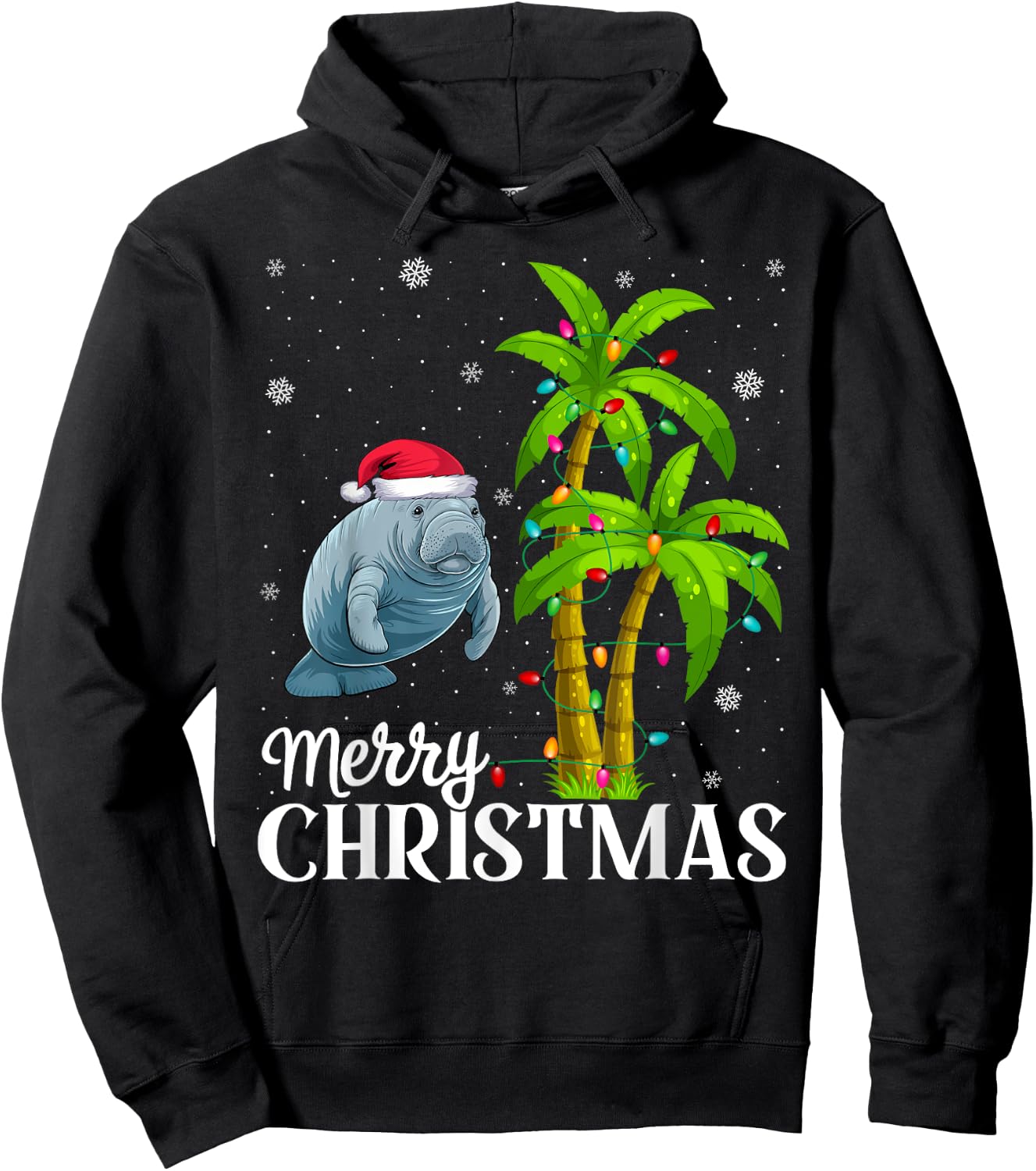 Manatee Lovers Men Women Christmas Tree Lights Beach Hoodie - Hoodie | Black