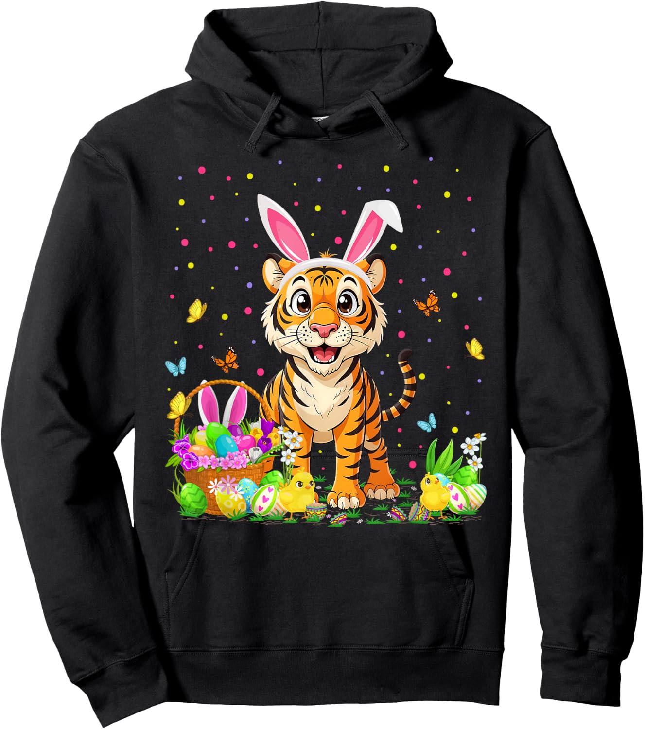 Tiger Easter Egg Hunt Bunny Ear Tiger Happy Easter Hoodie - Hoodie | Black