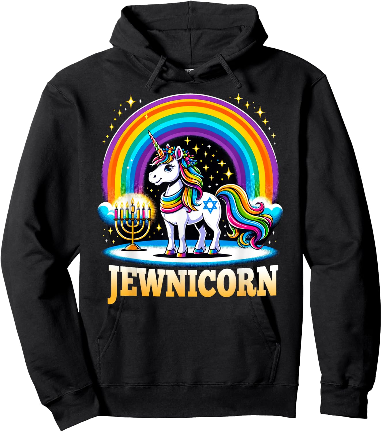Jewnicorn Jewish Pride Unicorn Menorah Rainbow Hoodie - Hoodie | Black