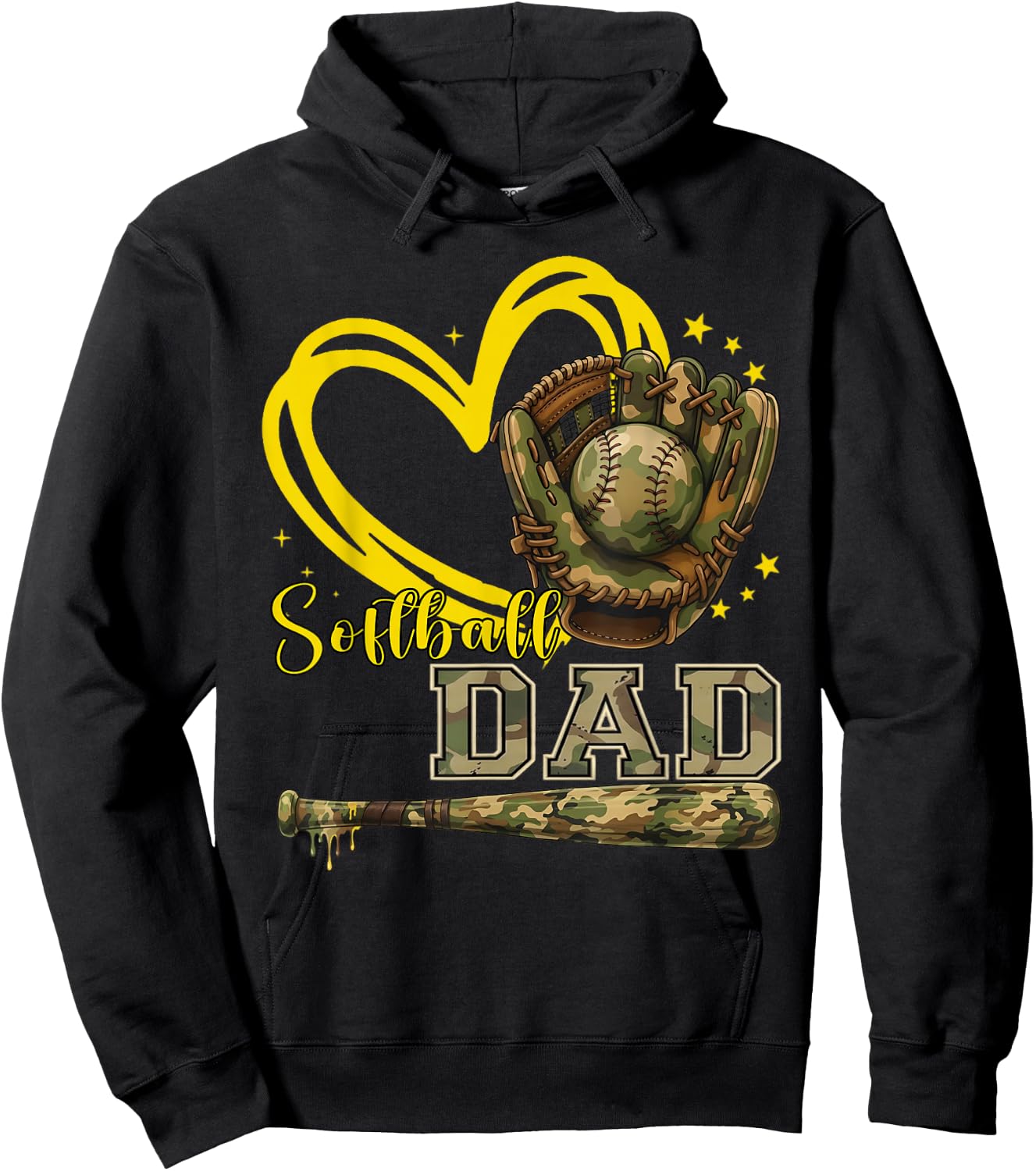 Softball Dad Camo Heart Father Daddy Papa Family Pride Hoodie - Hoodie | Black
