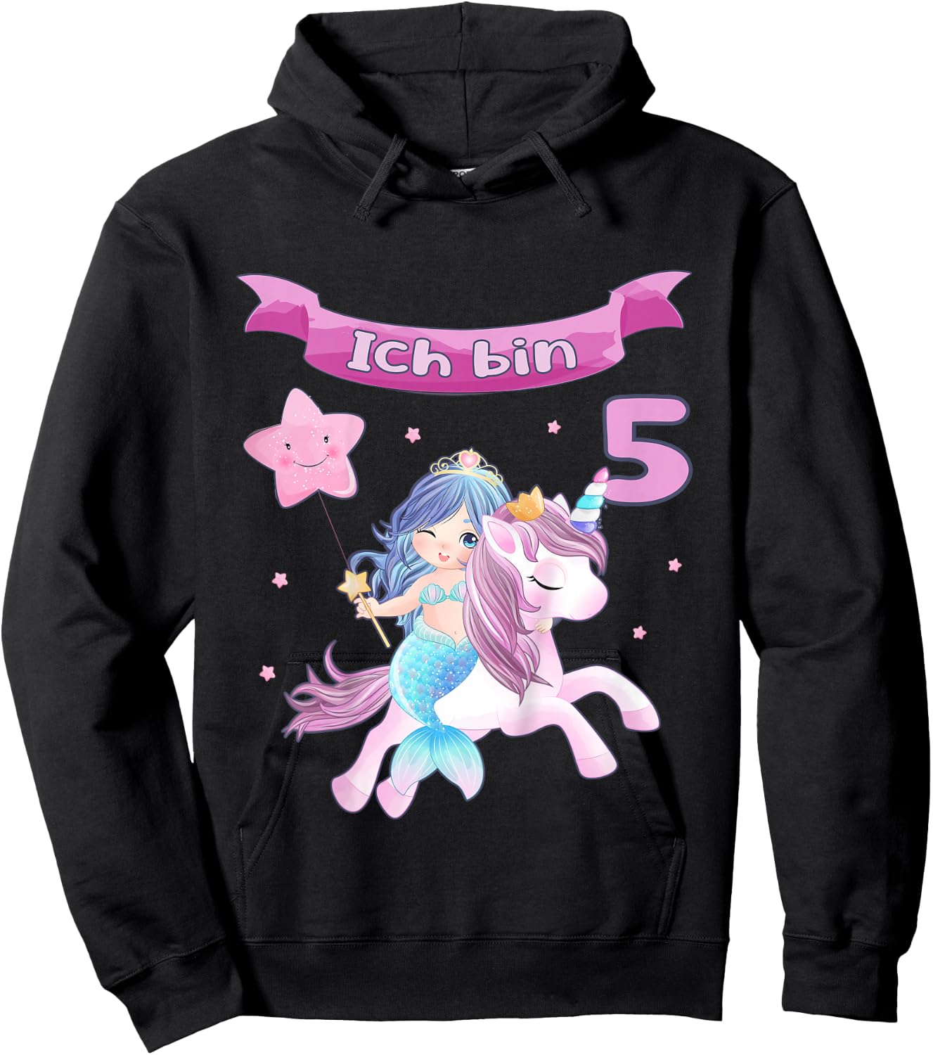 Children's 5th Birthday - Unicorn and Mermaid Girl 5 Years Hoodie - Hoodie | Black