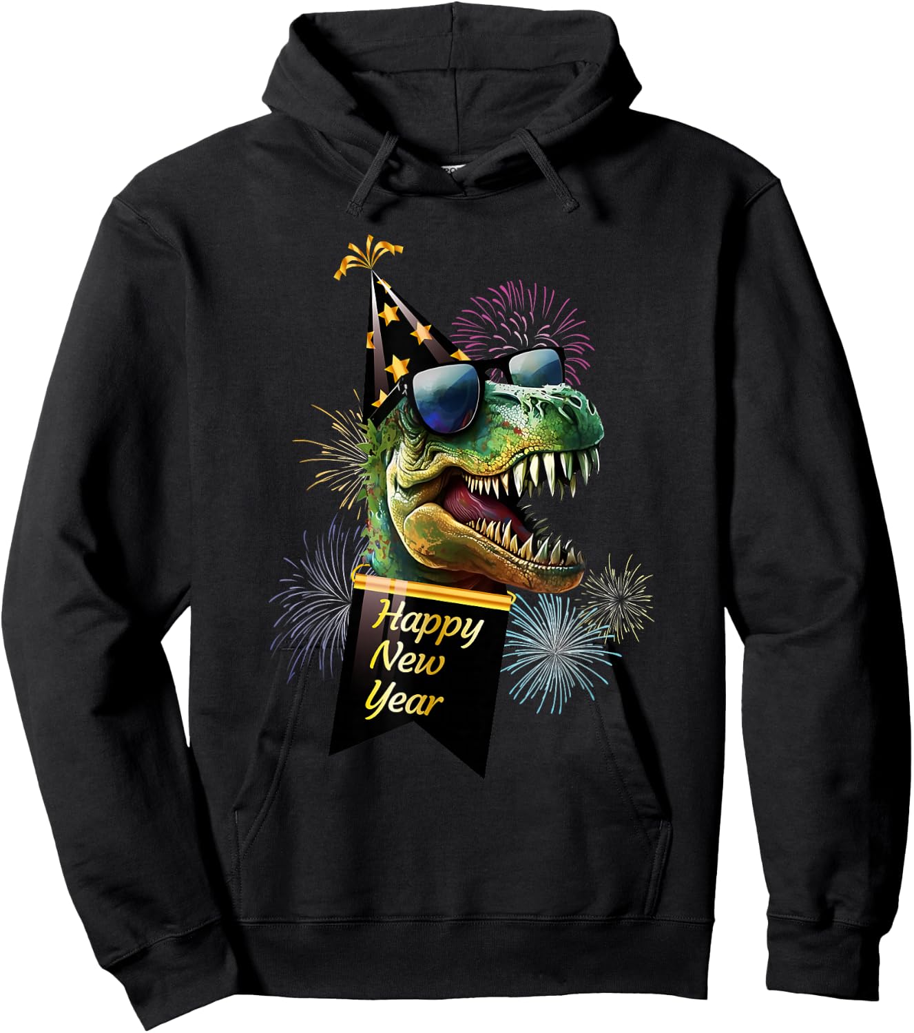 Happy New Year Dinosaur T Rex Sunglasses Fireworks NYE Party Hoodie - Hoodie | Black