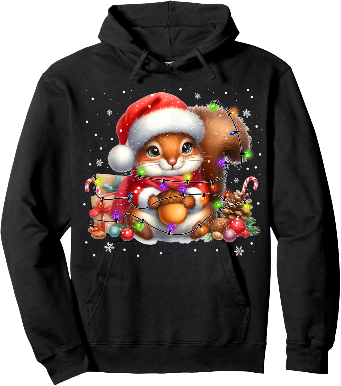 Cute Santa Squirrel in Christmas Lights Squirrels Lover Xmas Hoodie - Hoodie | Black