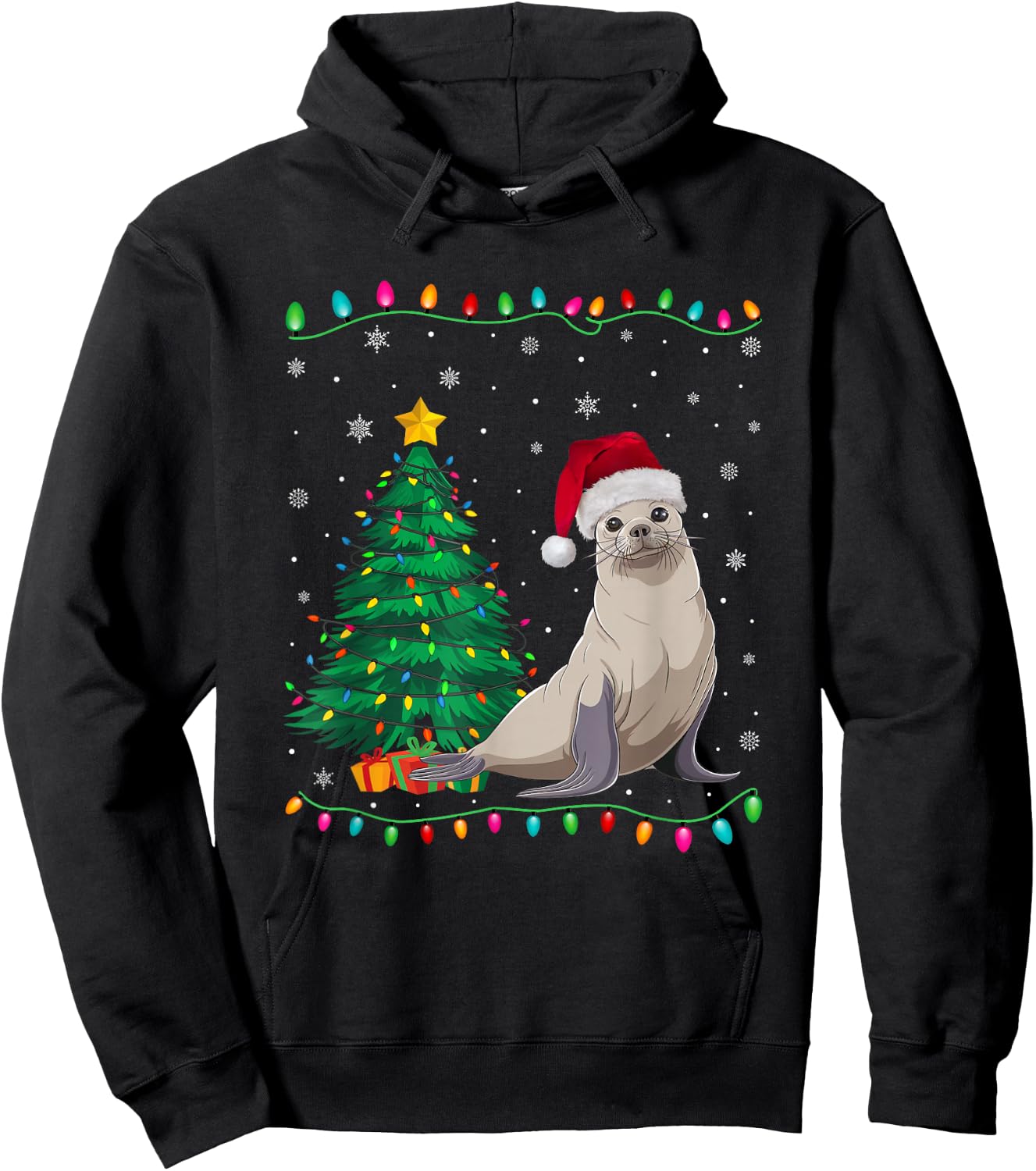 Seal Santa Hat Men Women Kids Christmas Tree Lights Hoodie - Hoodie | Black