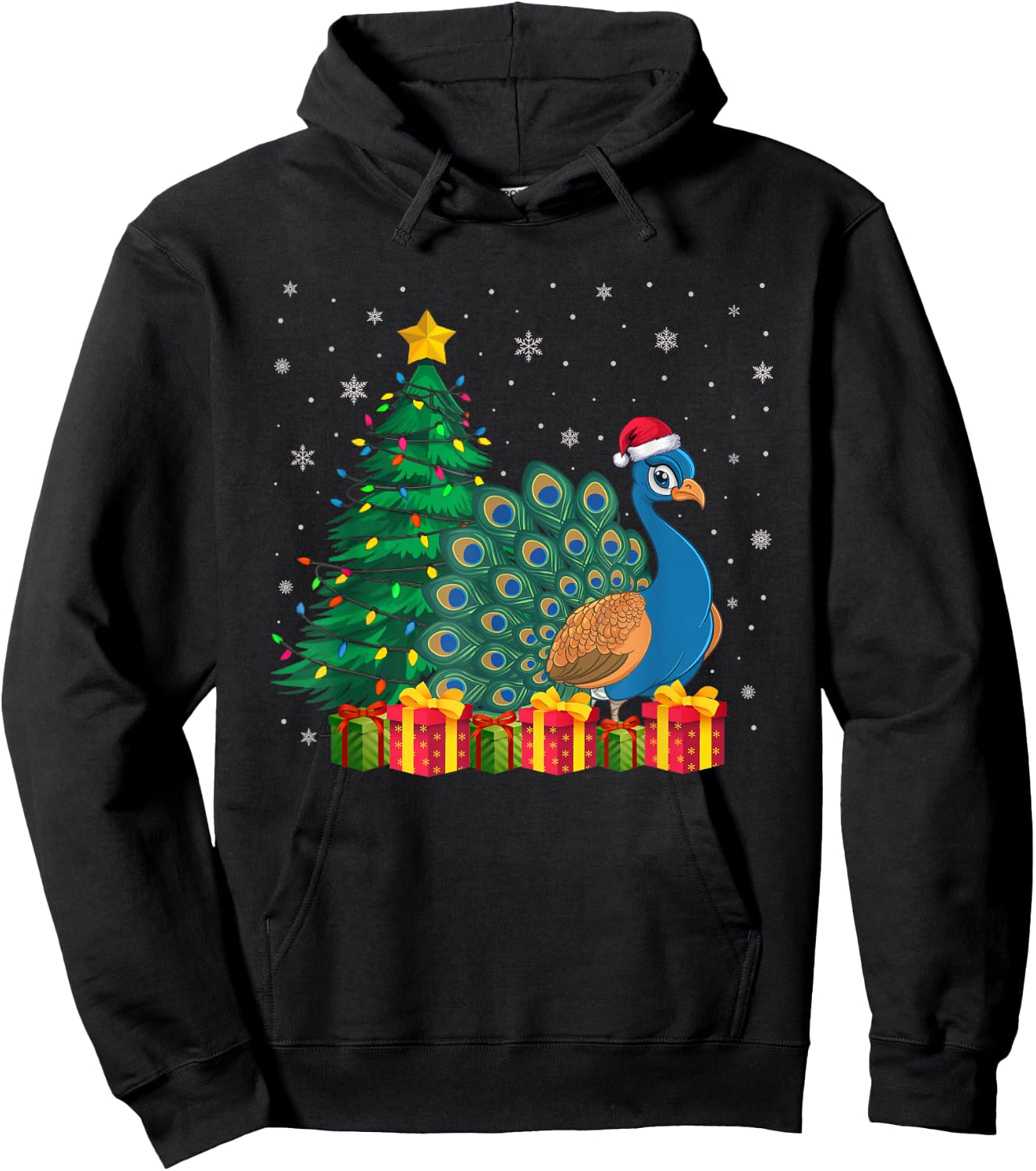 Ugly Peacock Santa Hat Christmas Tree Lights Pajama Hoodie - Hoodie | Black