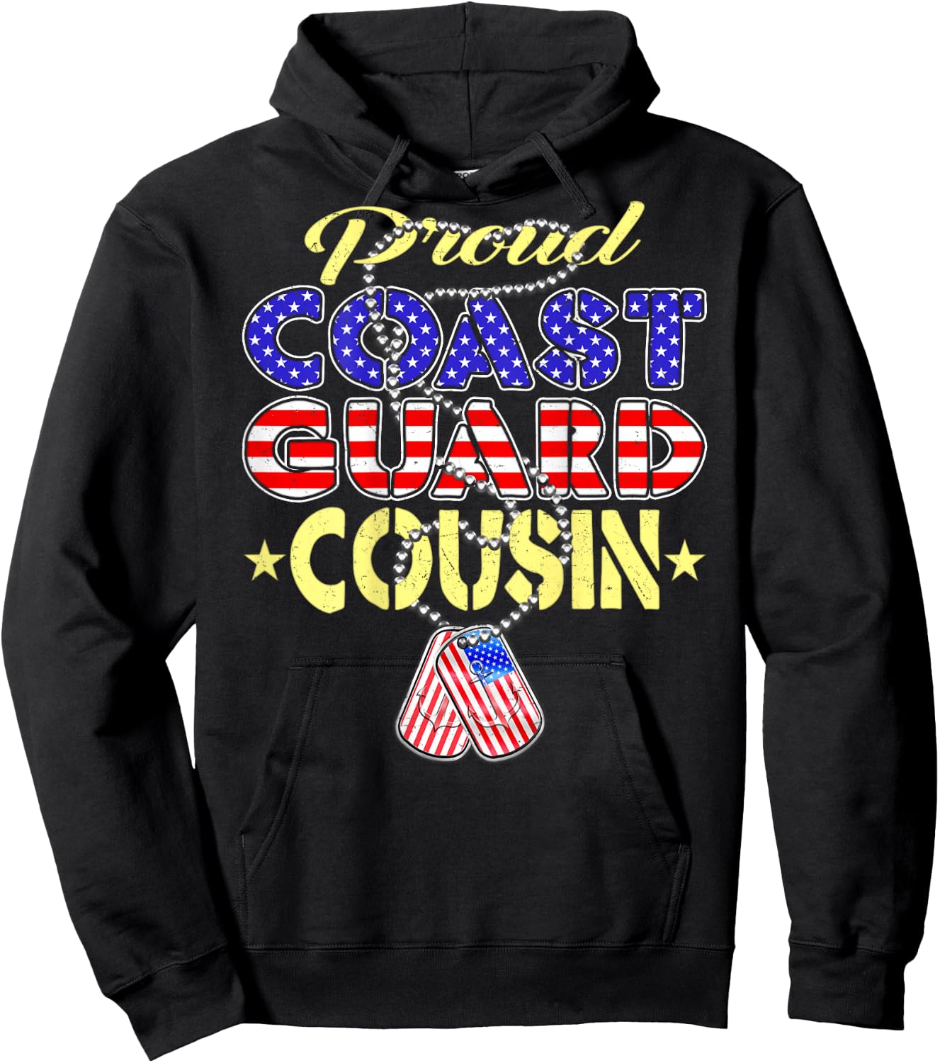 Proud US Coast Guard Cousin US Flag Dog Tags Military Family Hoodie - Hoodie | Black