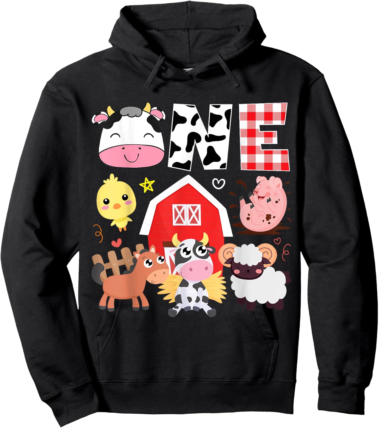 1st Birthday One Year Old Farm Theme Animals Birthday Party Hoodie - Hoodie | Black