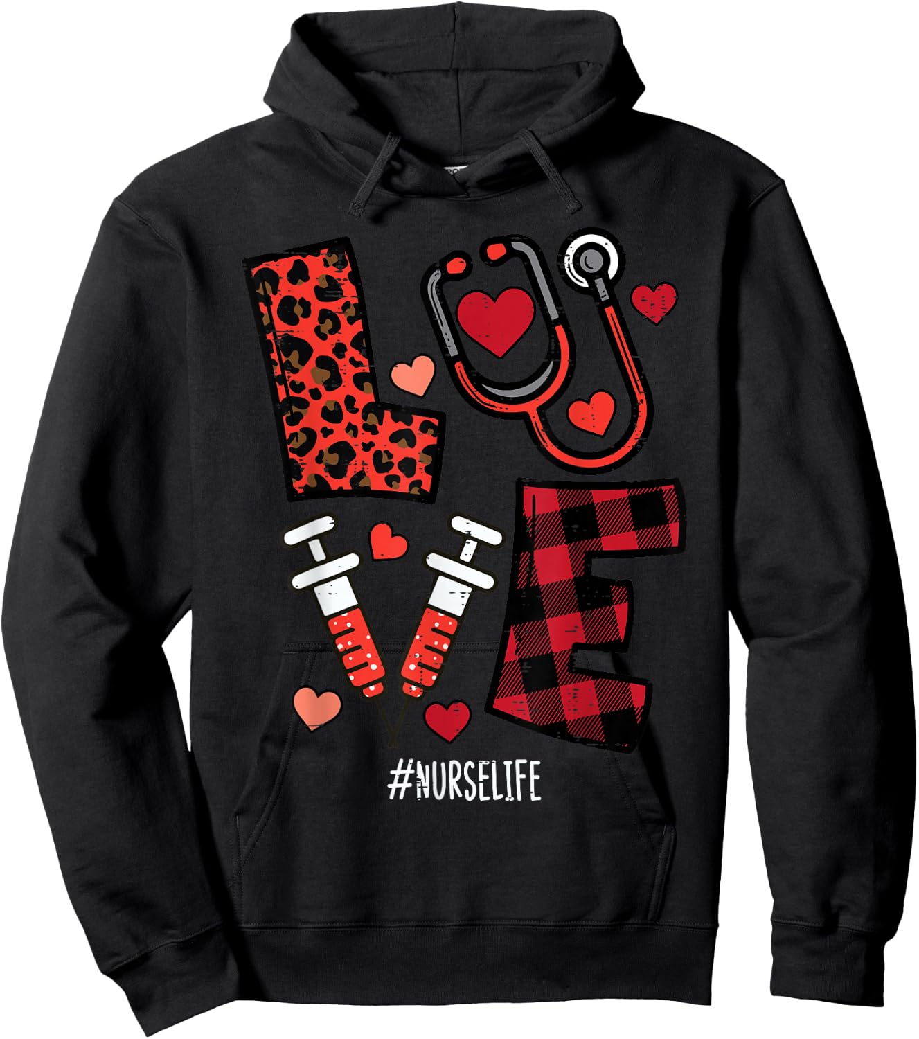 Valentines Day Leopard Plaid Nurse Nursing Scrub Top Women Hoodie - Hoodie | Black