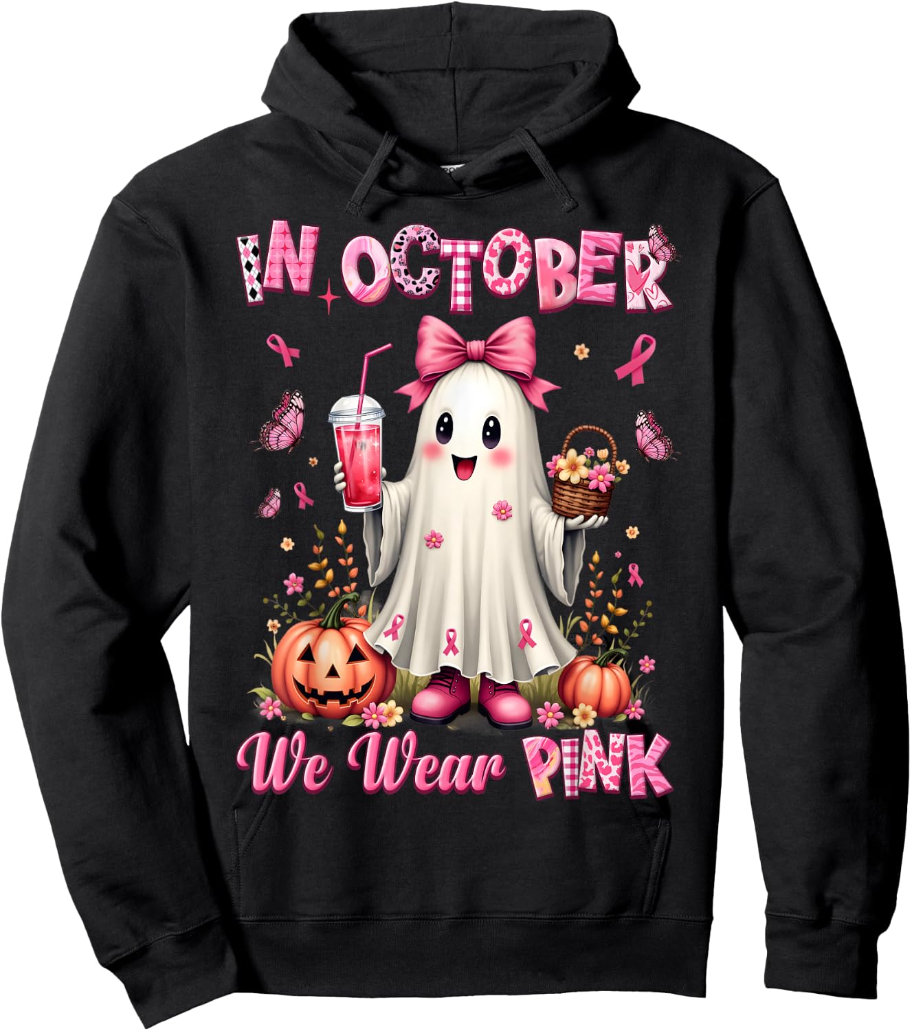 In October We Wear Pink Ghost Breast Cancer Awareness Hoodie - Hoodie | Black