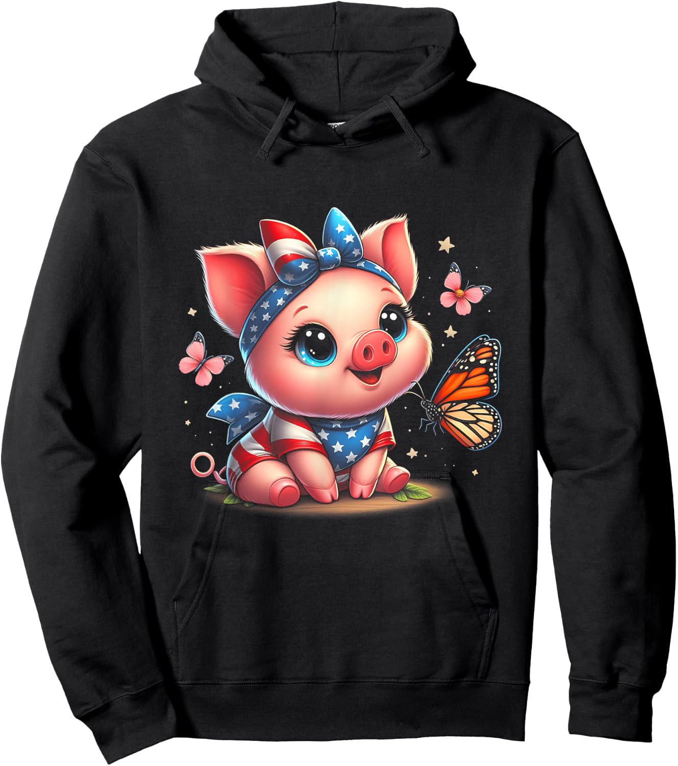 Cute Pig With Bandana Pigs Lover American Flag 4th Of July Hoodie - Hoodie | Black