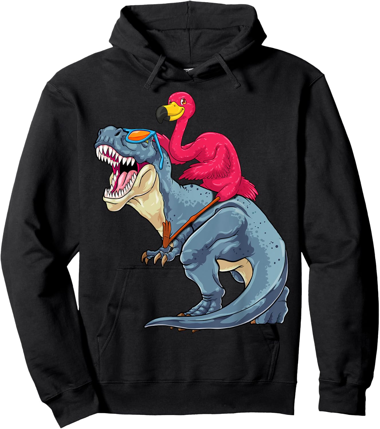 Flamingo Riding Dinosaur T-Rex Funny Flock Bird Dino Pun Hoodie - Hoodie | Black