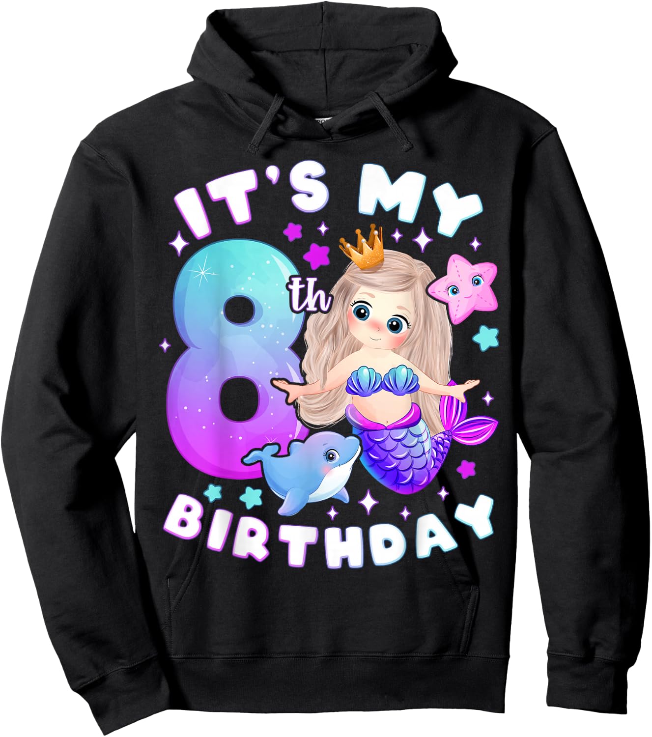 8th Birthday, Girl 8 Years, Mermaid, Number 8 Hoodie - Hoodie | Black