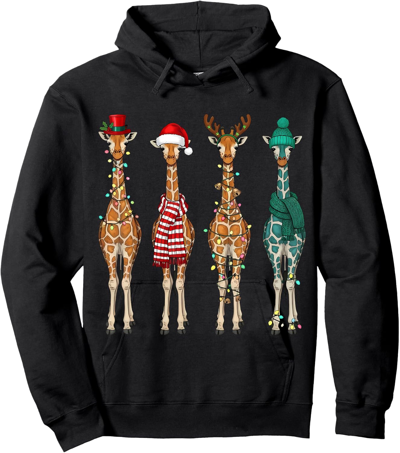 Cute Christmas Giraffe Santa Hat Xmas Lights Holiday Animal Hoodie - Hoodie | Black