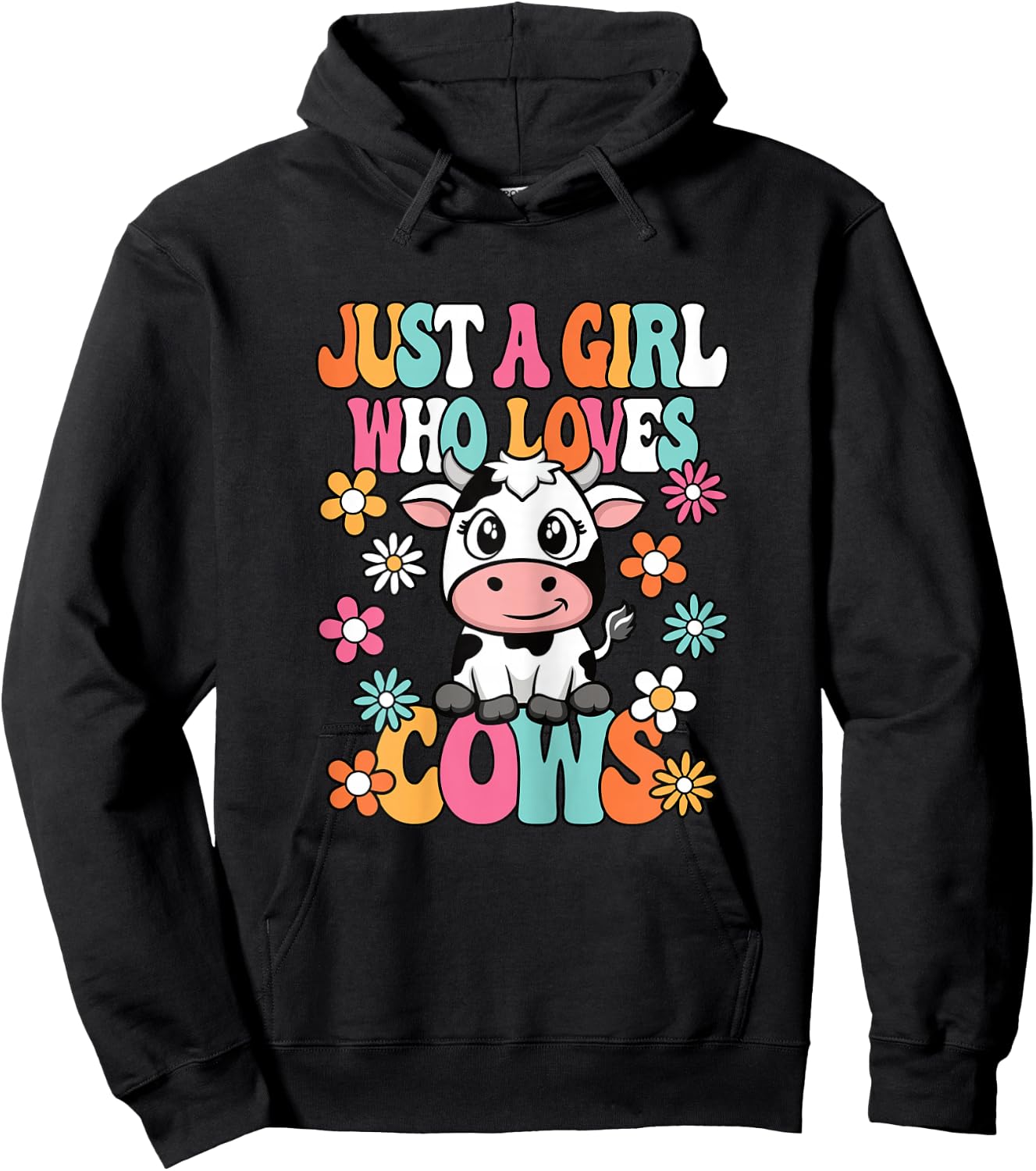 Just A Girl Who Loves Cows Cute Groovy Cow Lover Girls Kids Hoodie - Hoodie | Black