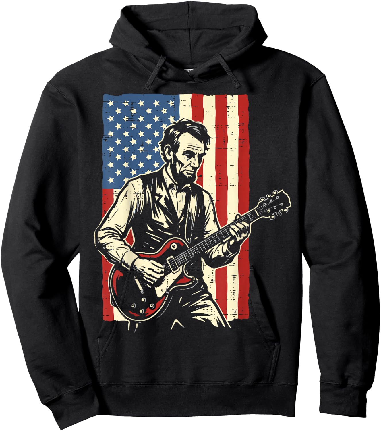 4th of July Lincoln Guitar US Flag Patriotic Men Boys Kids Hoodie - Hoodie | Black