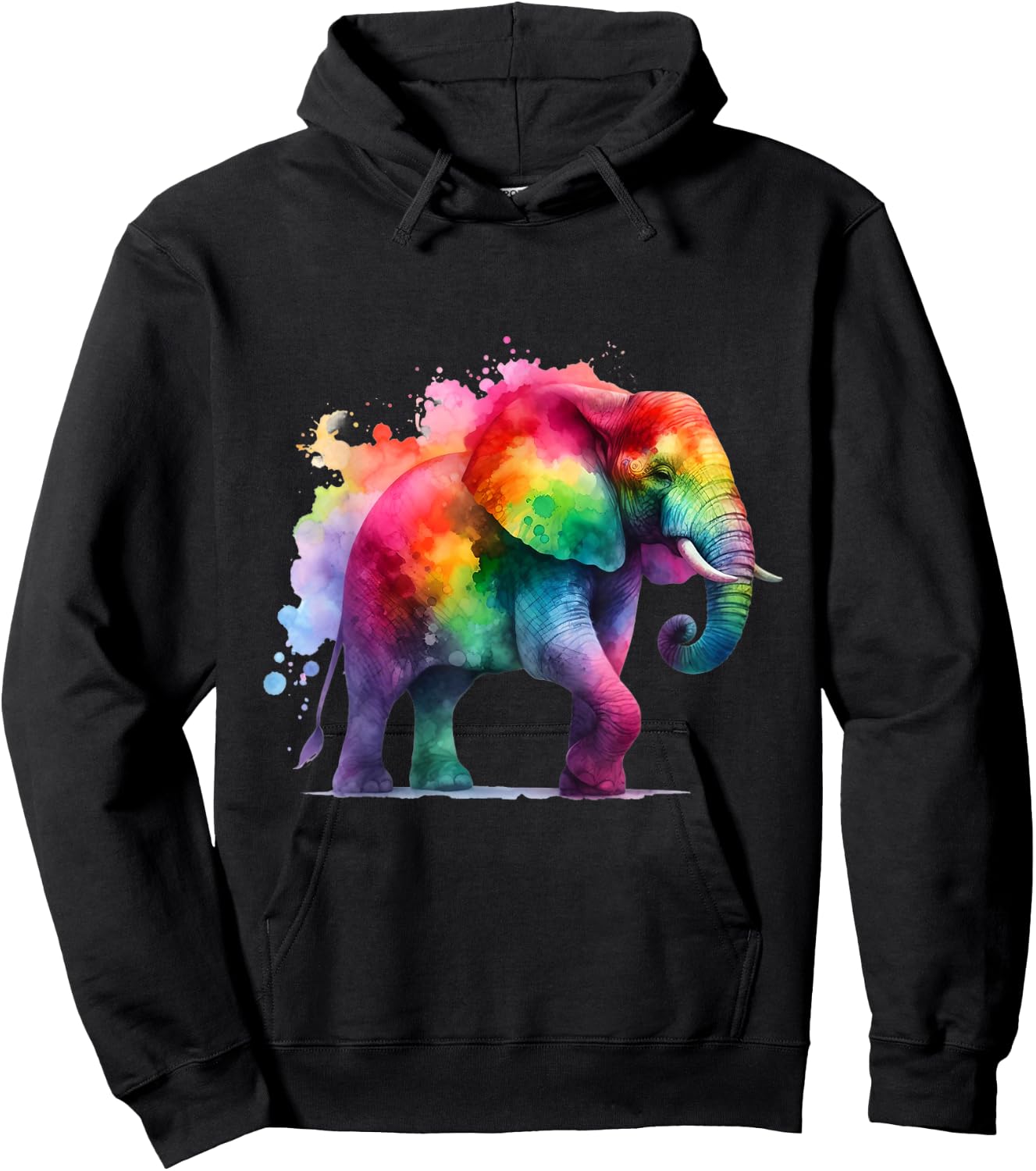 Elephant Art - Rainbow Watercolor Animal with Paint Splashes Hoodie - Hoodie | Black