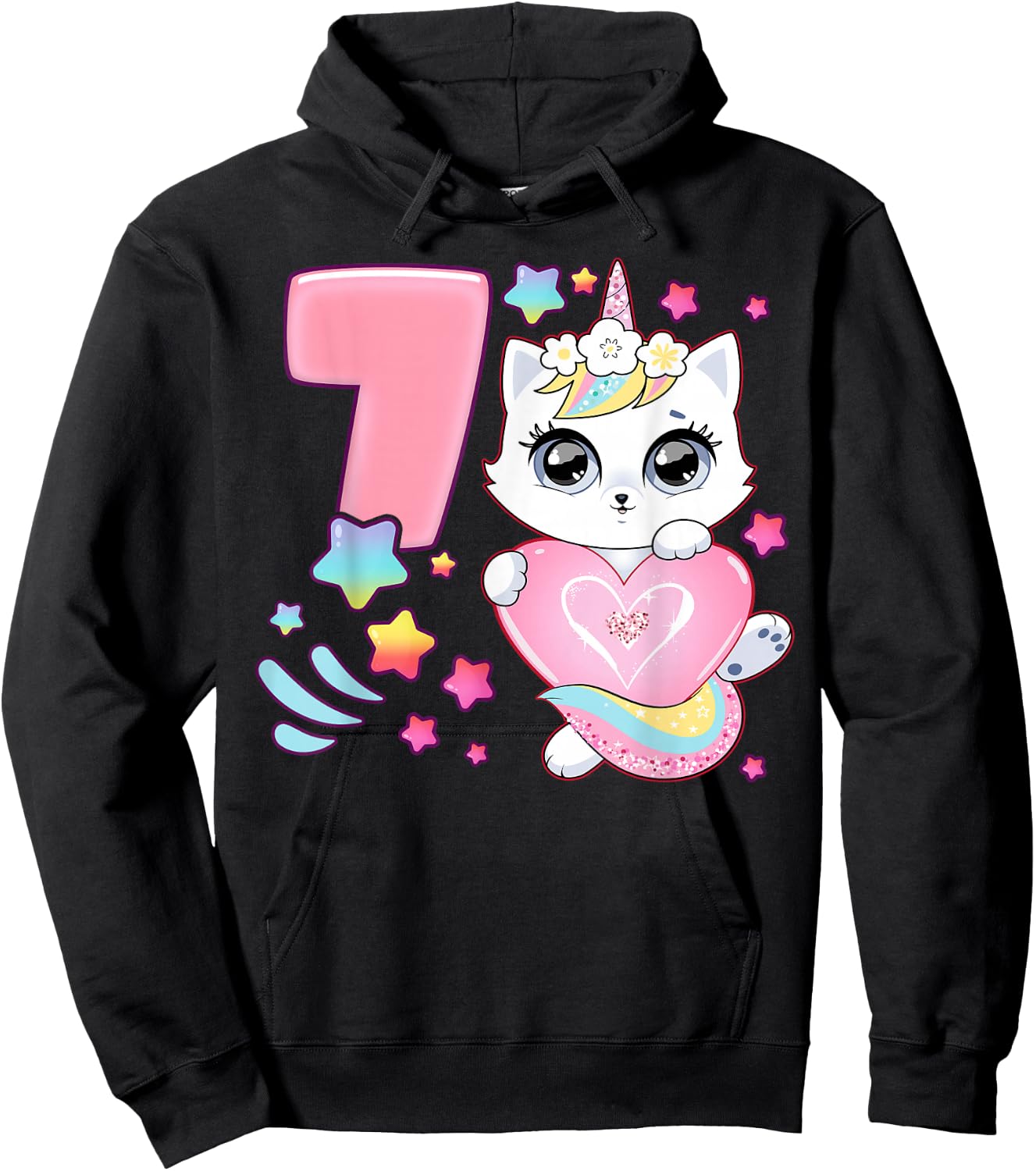 Geburtstag Mädchen 7 Jahre, Katze, Einhorn, 7. Geburtstag Hoodie - Hoodie | Black