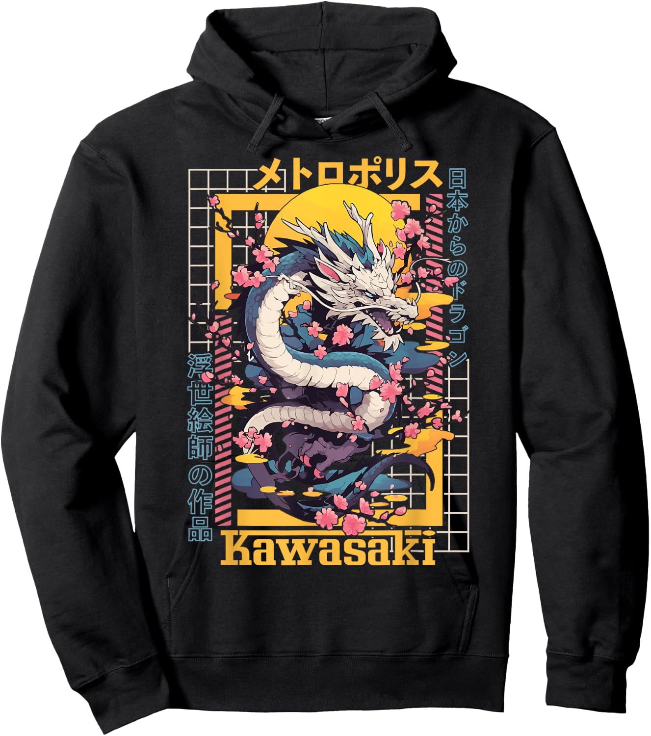 Kawasaki City Synthwave 80s Dragon Asian Vaporwave Hoodie - Hoodie | Black