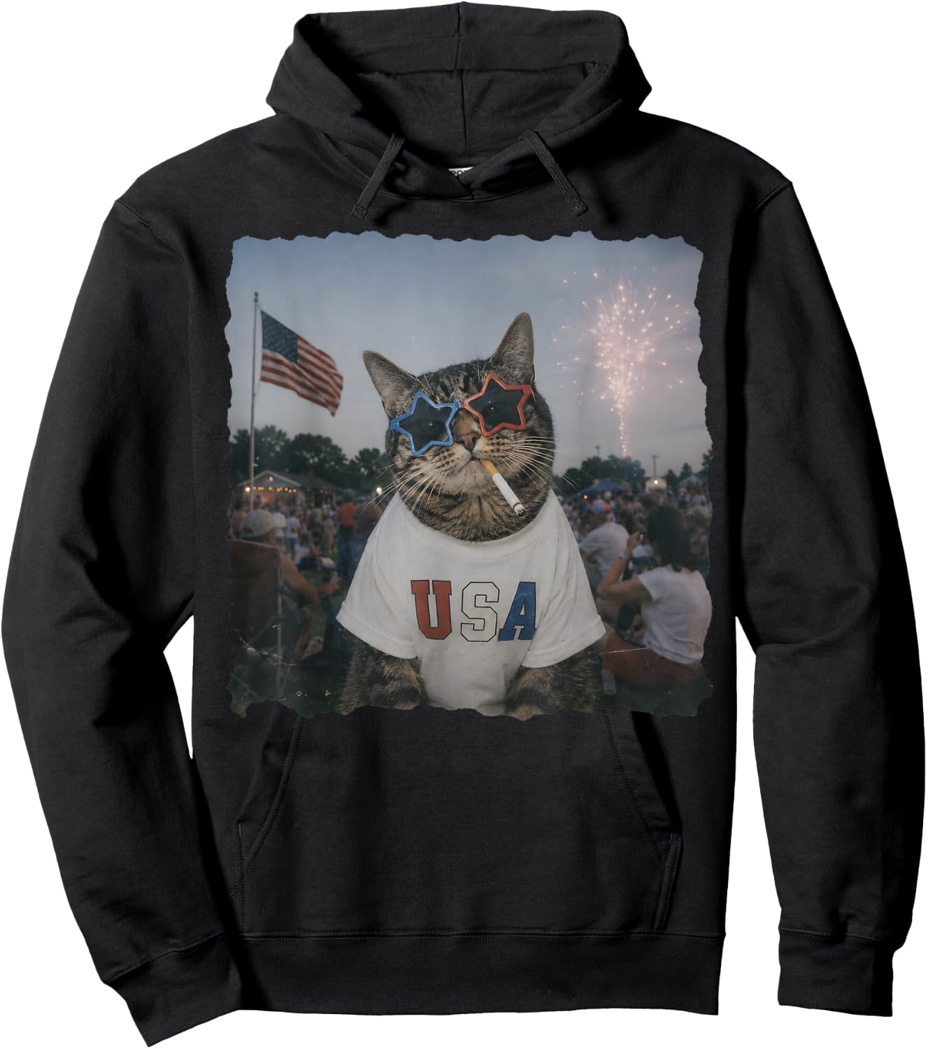 Patriotic Cat Smoking Sunglasses Meme Funny 4th of July Hoodie - Hoodie | Black