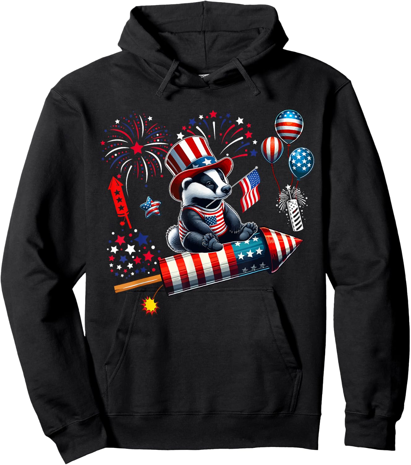 Badger Riding Firecracker US Flag 4th Of July Fireworks Hoodie - Hoodie | Black