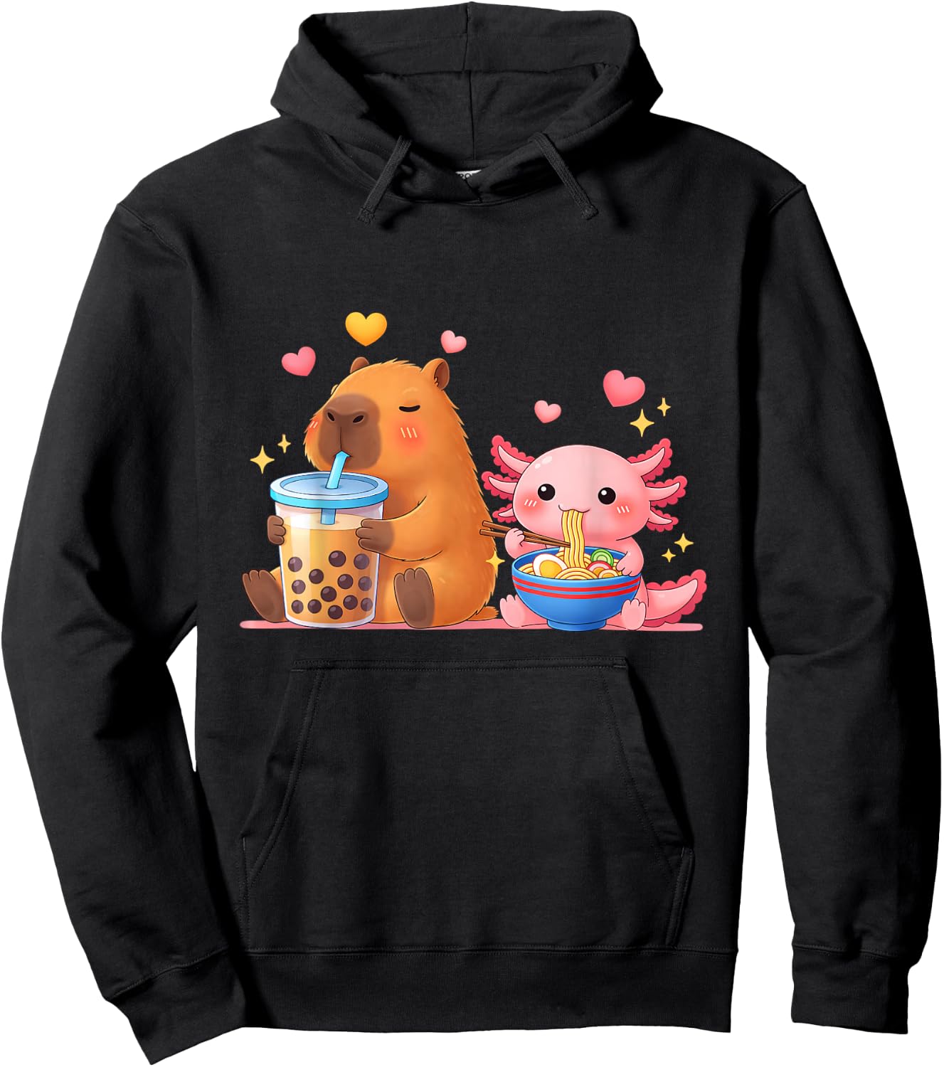 Cute Capybara Drink Boba Tea and Axolotl Eat Ramen Noodles Hoodie - Hoodie | Black