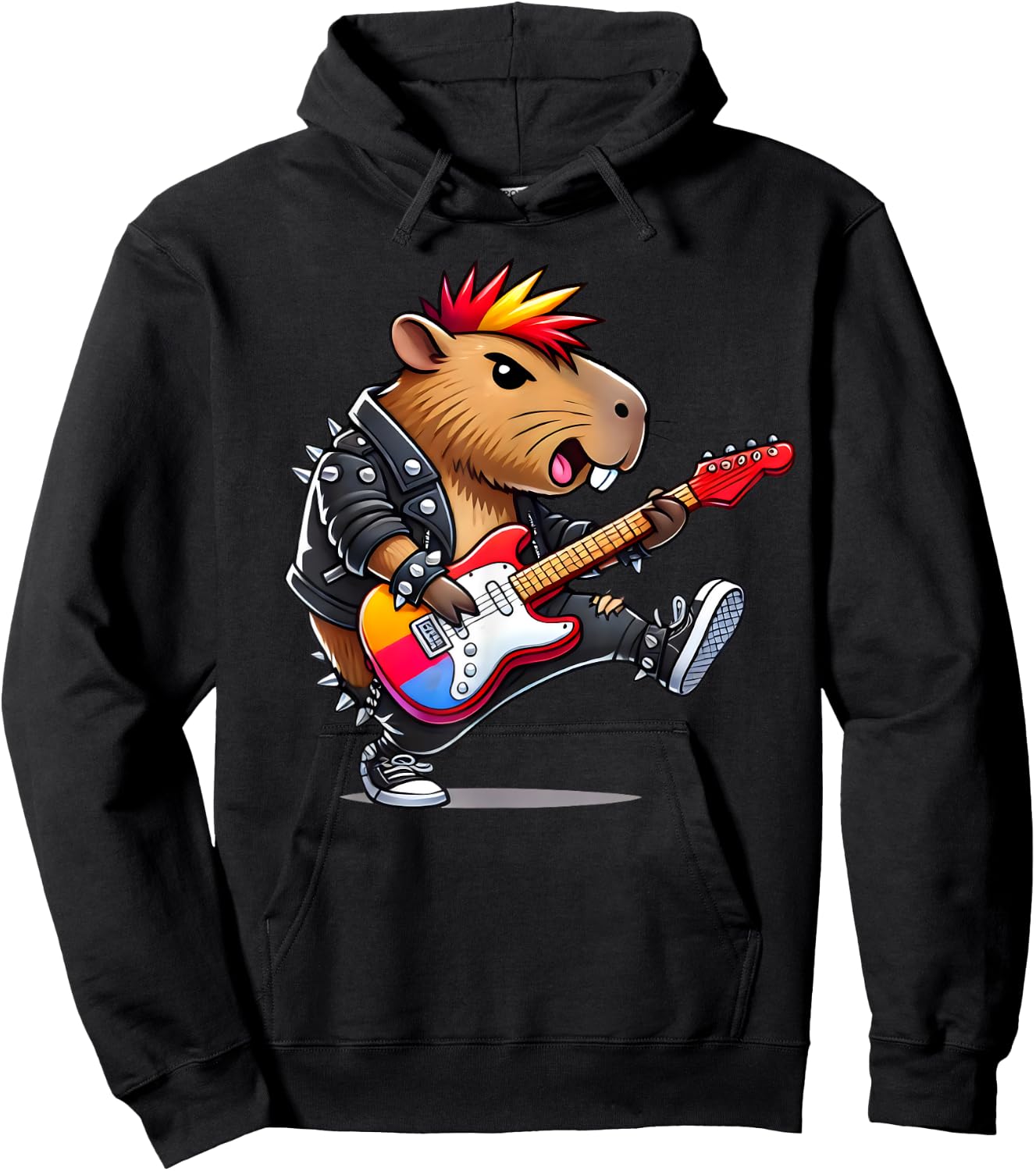 Cute Punk Capybara, Rock'n Roll Goth Capibara, Guitar Band Hoodie - Hoodie | Black