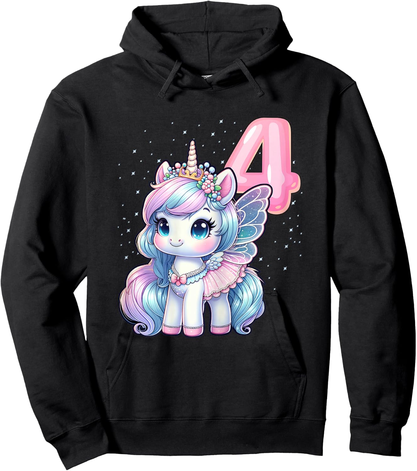 Unicorn Fairy 4th Birthday 4 Year Old Party Girls Outfit Hoodie - Hoodie | Black