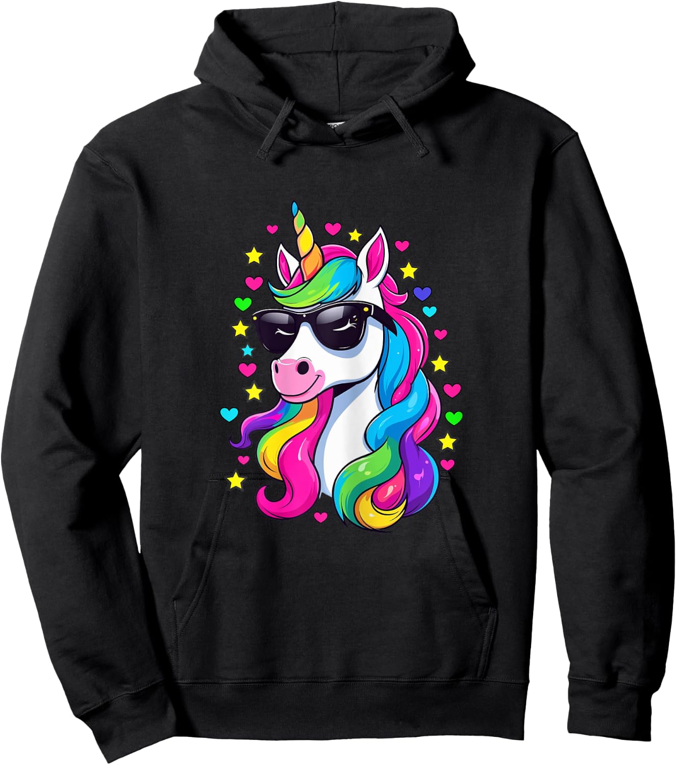 Colorful Unicorn Wearing Sunglasses Hearts and Stars Hoodie - Hoodie | Black
