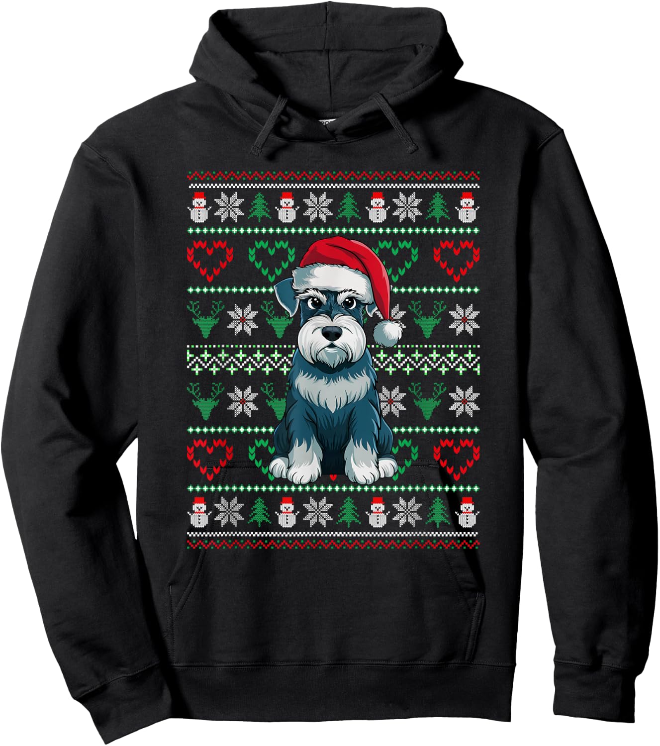 Ugly Christmas Schnauzer Dog Wearing Santa Hat Xmas Pajama Hoodie - Hoodie | Black