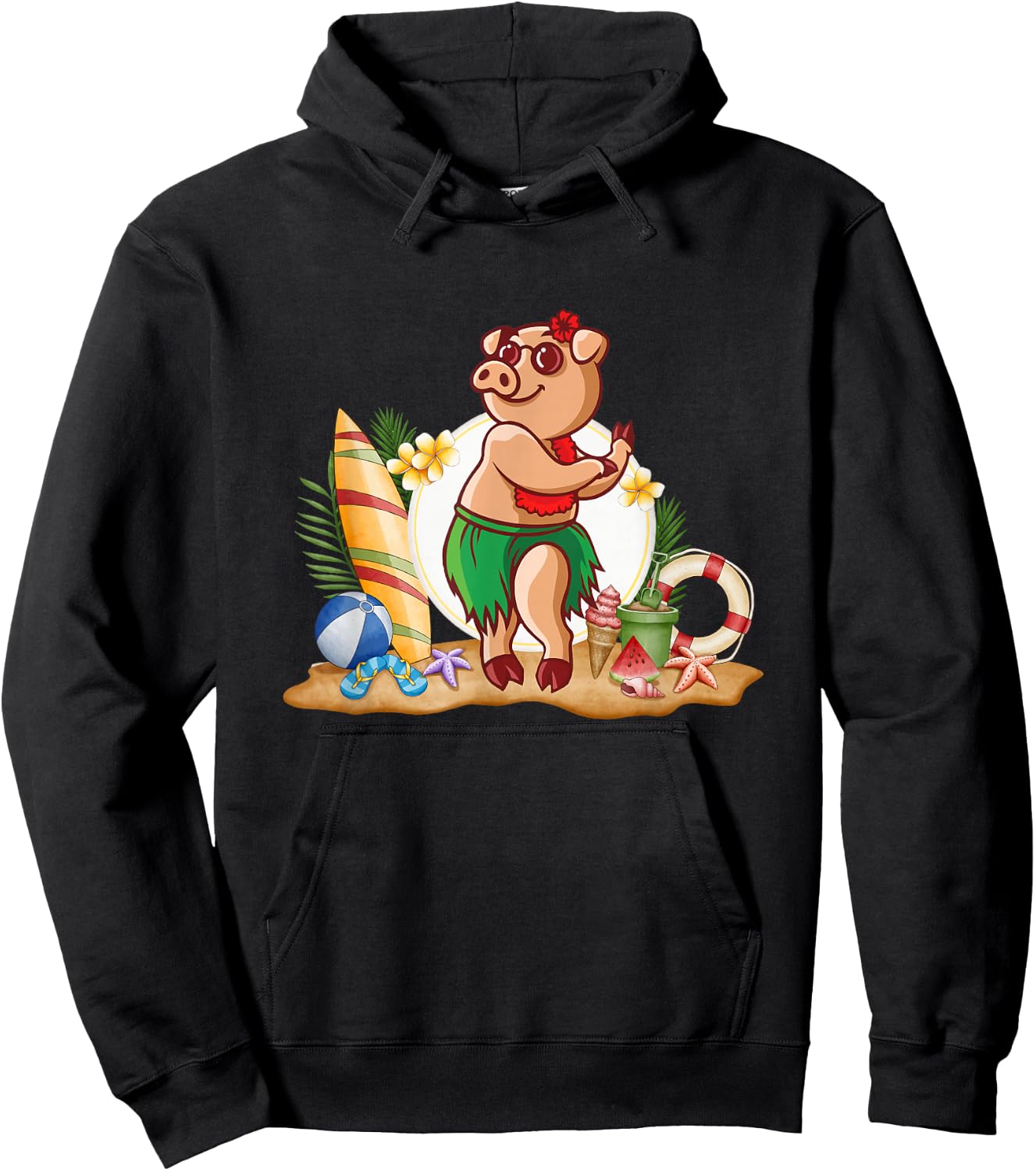 Hawaiian Luau Pig Drinking Coconut Summer Vacation Hoodie - Hoodie | Black