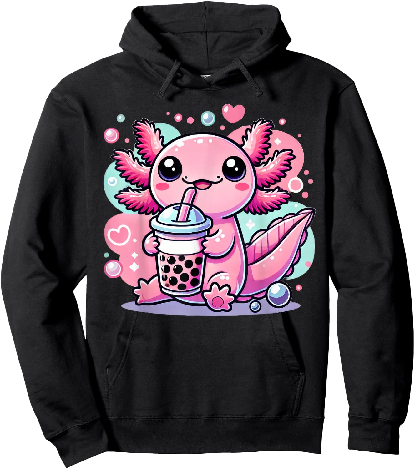 Kawaii Axolotl Bubble Boba Tea Hoodie - Hoodie | Black