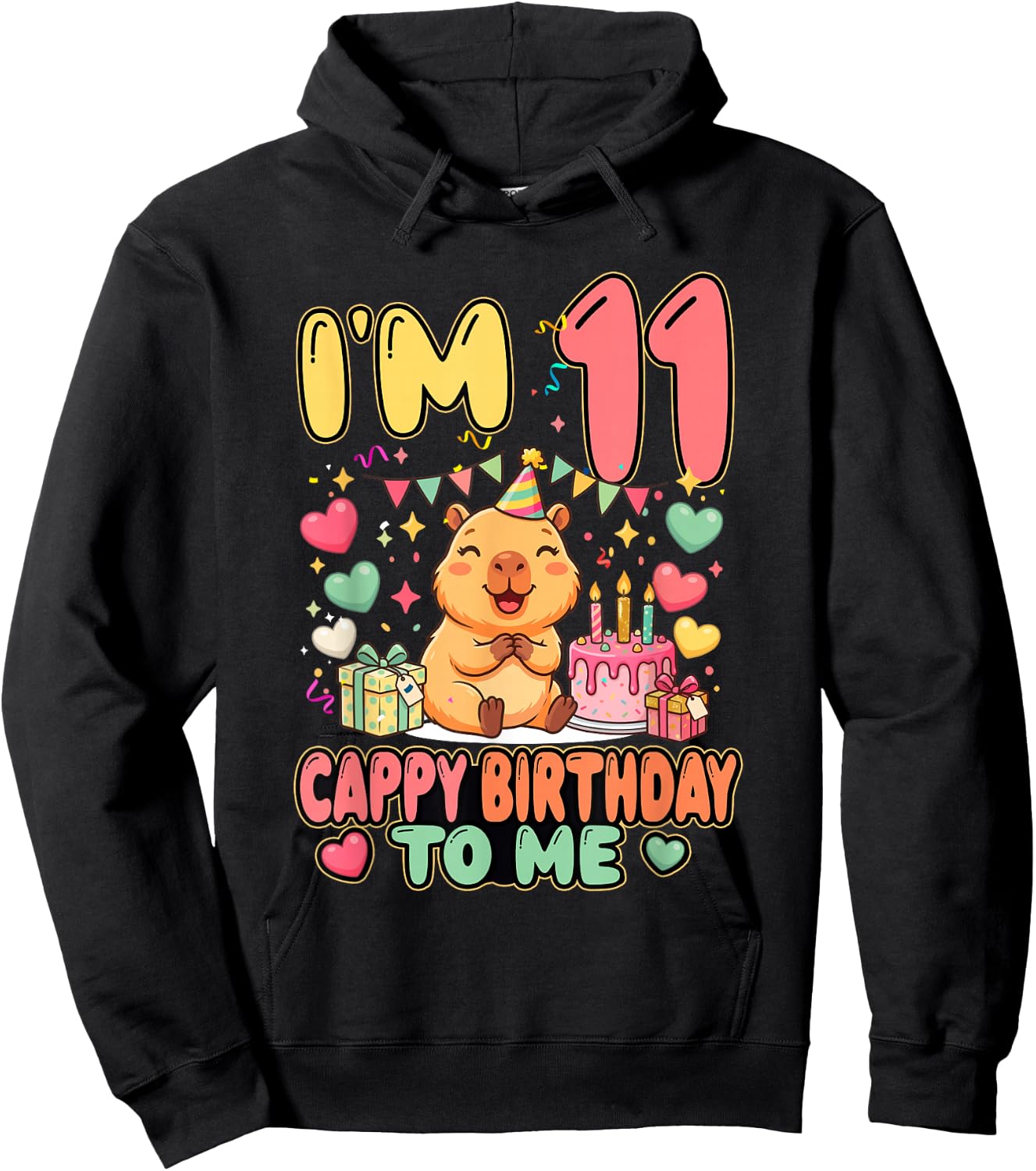 I'm 11 Year Old Cappy Birthday to Me 11th Birthday Capybara Hoodie - Hoodie | Black