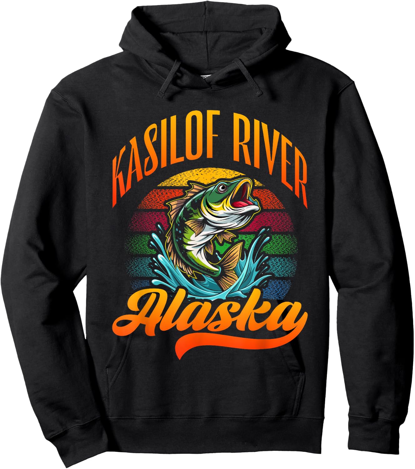 KASILOF RIVER, ALASKA, a Fishing Retro Sunset Design Hoodie - Hoodie | Black
