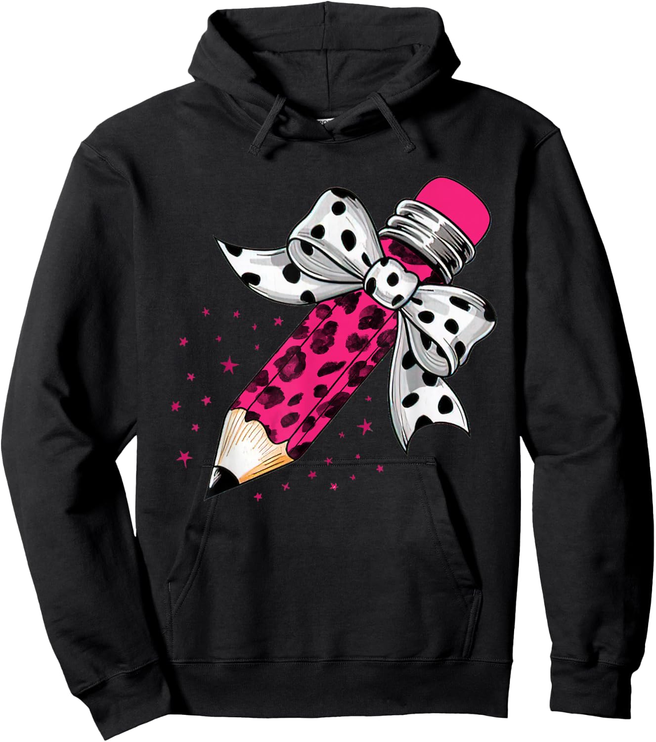 Back To School, Coquette Dalmatian Dots Print Bow Pencil Hoodie - Hoodie | Black