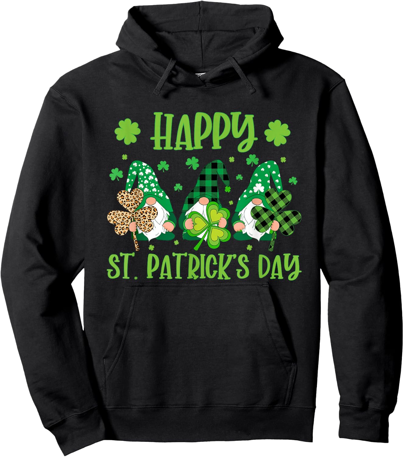 Gnomes Holding Shamrock Green Plaid Leopard St Patrick's Day Hoodie - Hoodie | Black