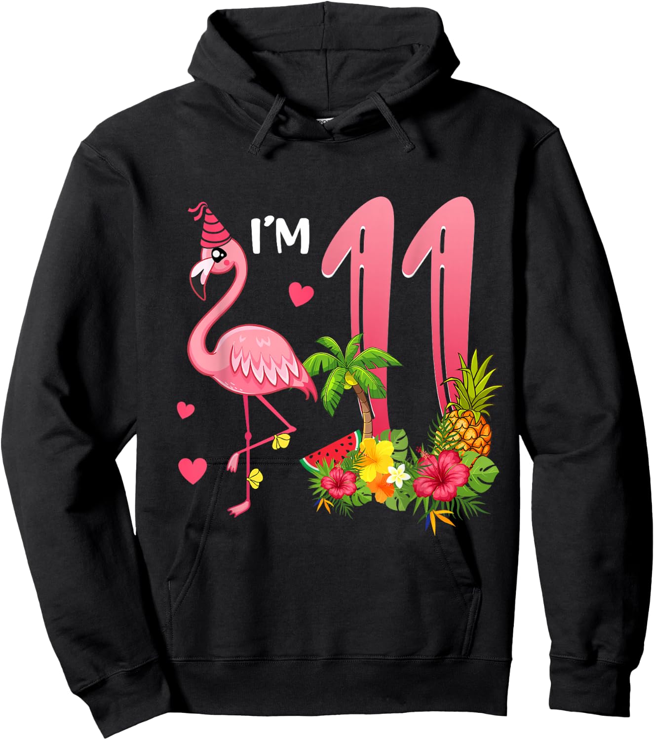 I'm 11 Year Old Flamingo Tropical Theme 11th Birthday Girl Hoodie - Hoodie | Black