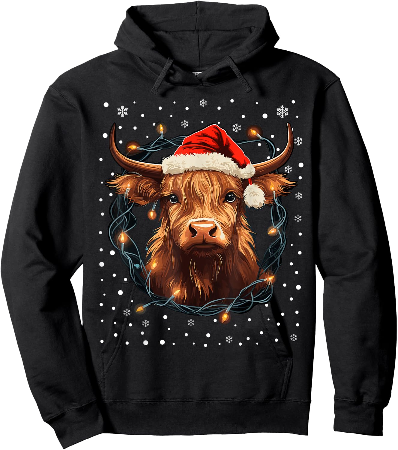 Cute Highland Cow Christmas Lights Santa Hat Xmas Pajama Hoodie - Hoodie | Black