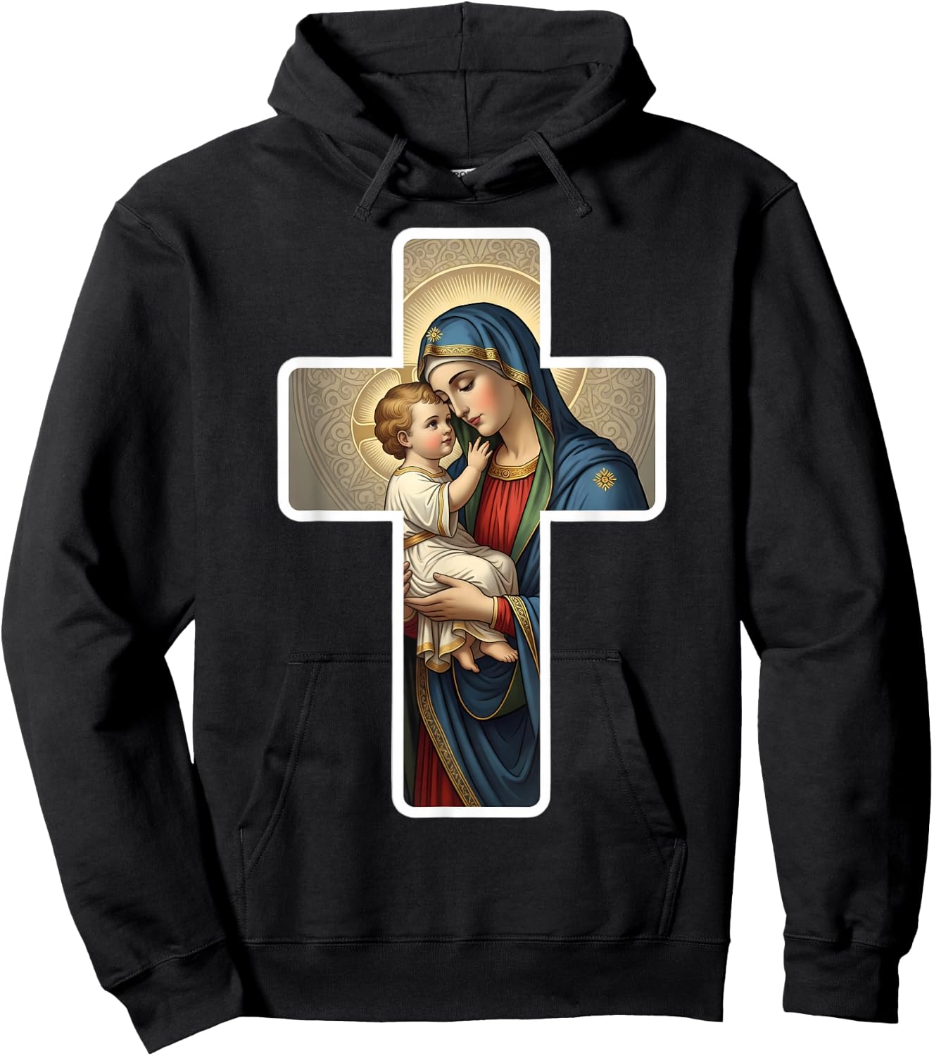 Saint Mary with Baby Jesus Christ Santa Maria Cross Icon Hoodie - Hoodie | Black
