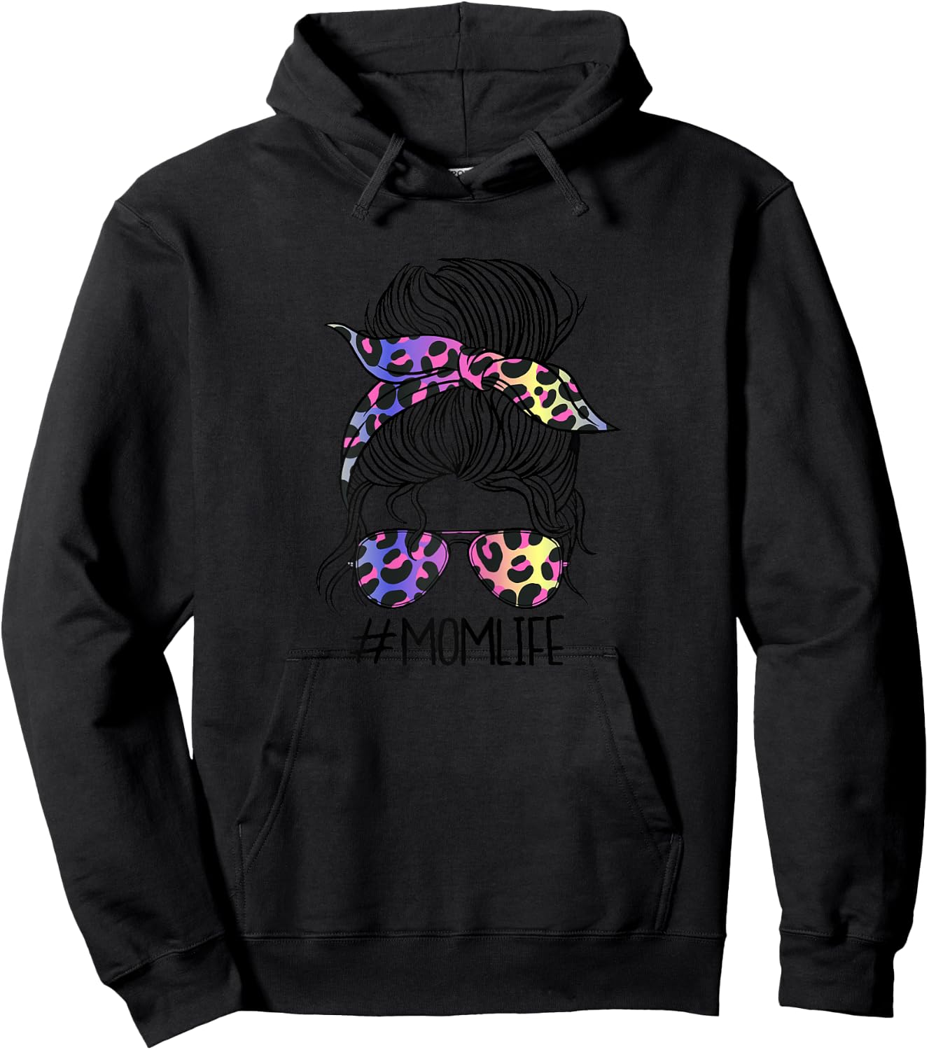 Women's #MOMLIFE Mom Life Leopard Print Rainbow , White, s Hoodie - Hoodie | Black