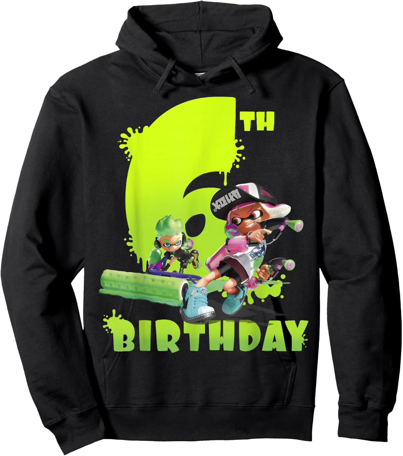 Splatoon Inkling 6th Birthday Green Splatter Portrait Hoodie - Hoodie | Black