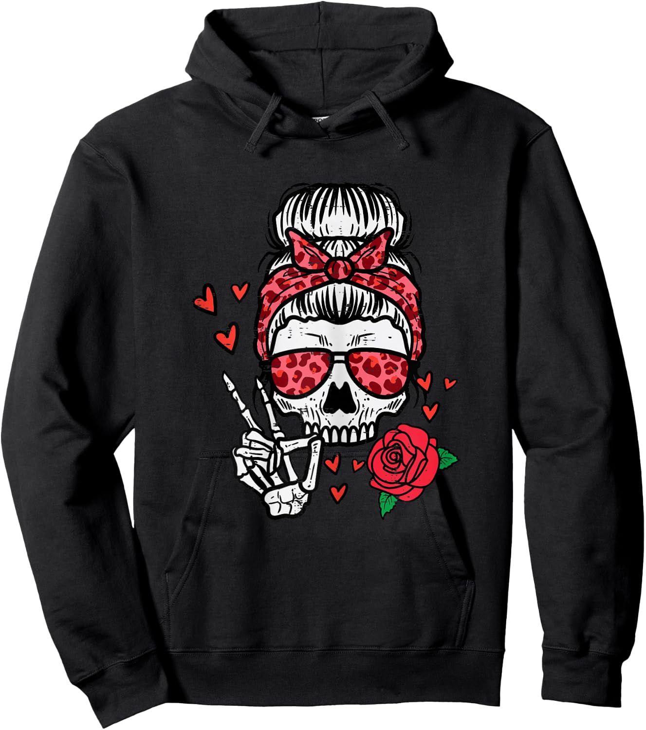 Valentines Skeleton Leopard Messy Bun Peace Funny Women Hoodie - Hoodie | Black