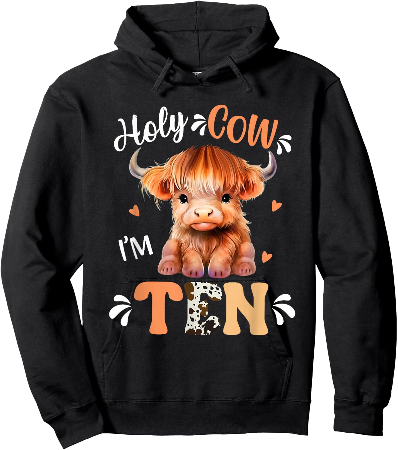Holy Cow Im Ten Scottish Highland Cow Print 10th Birthday Hoodie - Hoodie | Black