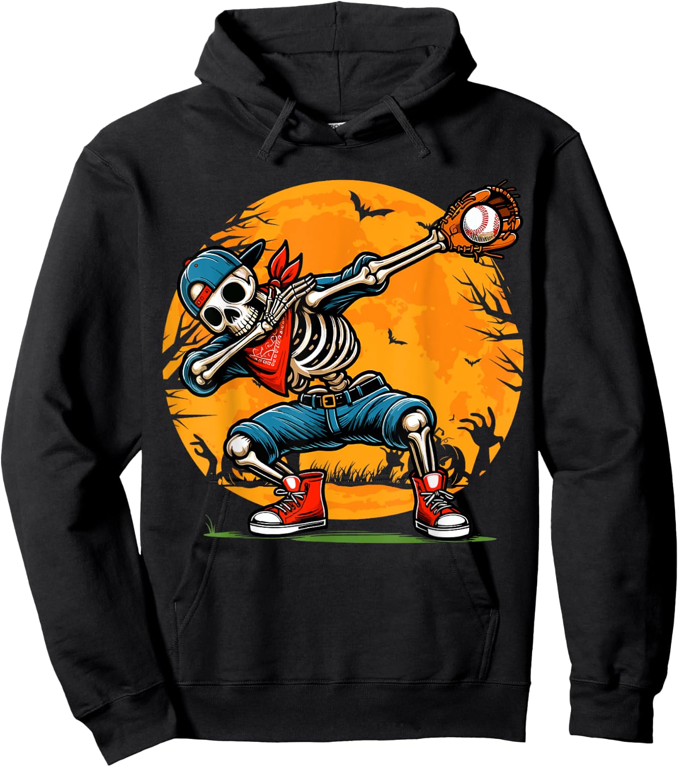 Dabbing Skeleton Baseball Halloween Spooky Baseball Player Hoodie - Hoodie | Black