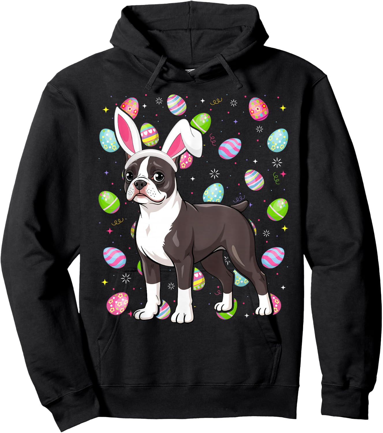 Boston Terrier Dog Happy Easter Egg Hunt Bunny Ear Easter Hoodie - Hoodie | Black