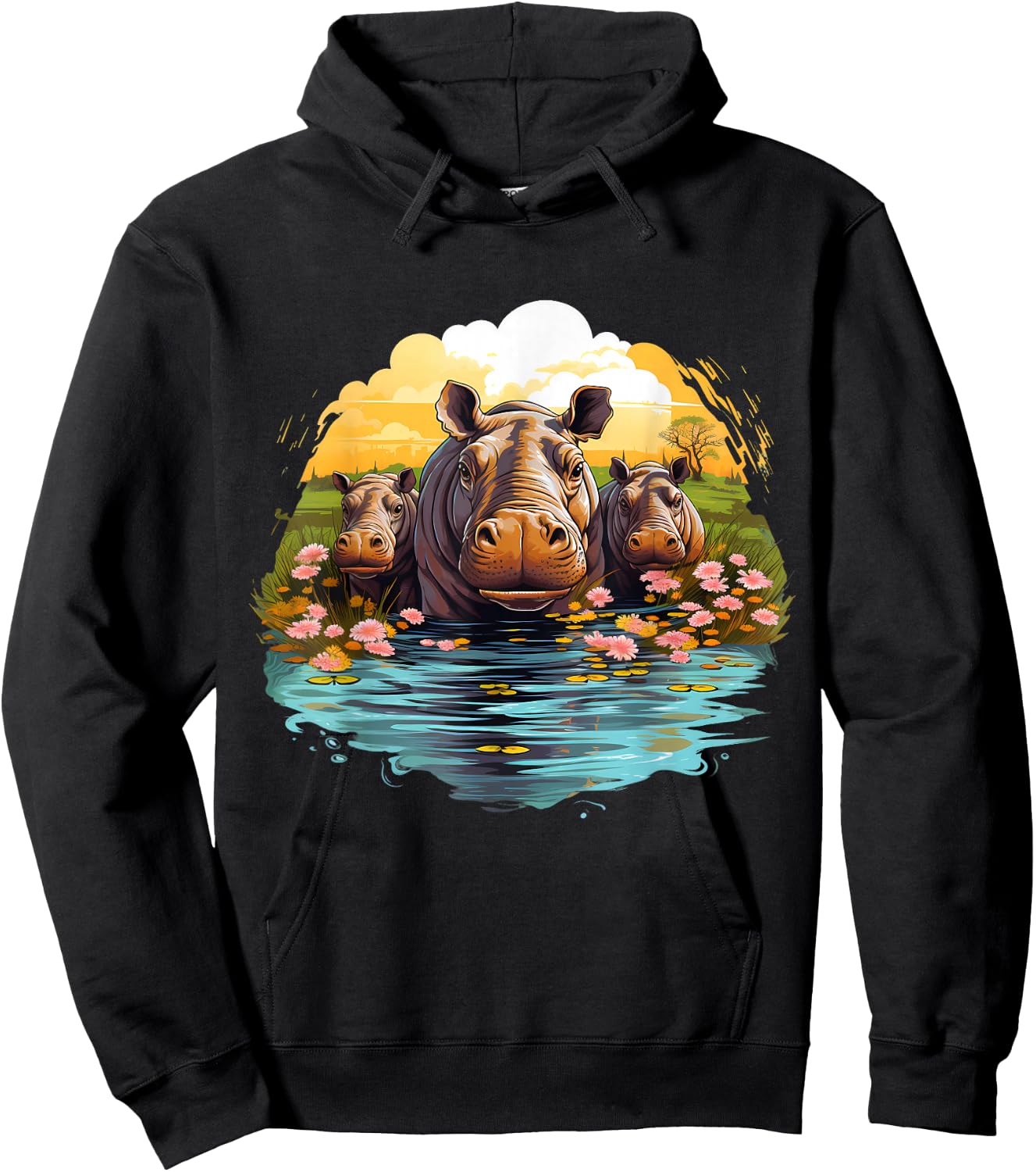 Hippo Floral Artwork Nature Wildlife Hippopotamus Savanna Hoodie - Hoodie | Black