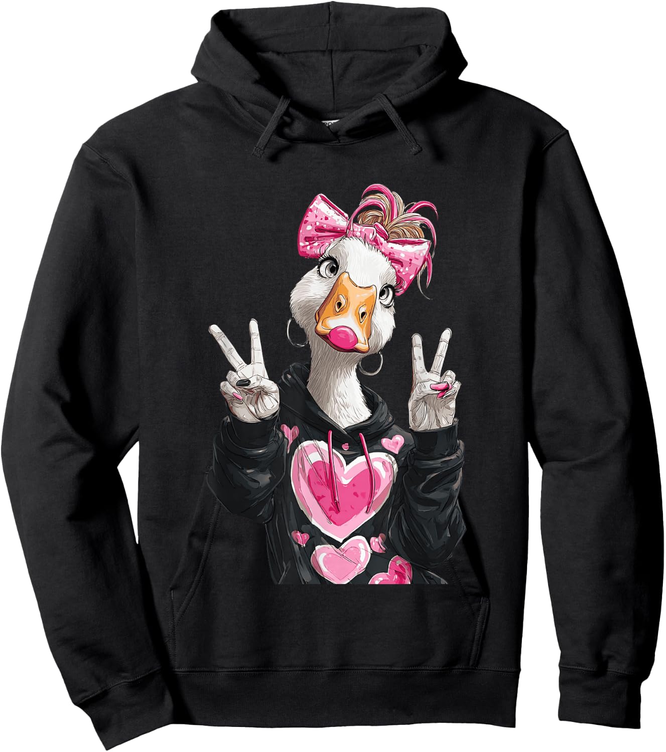 Cute Goose Girl Bubble Gum Peace Sign Animal Graphic Pink Hoodie - Hoodie | Black
