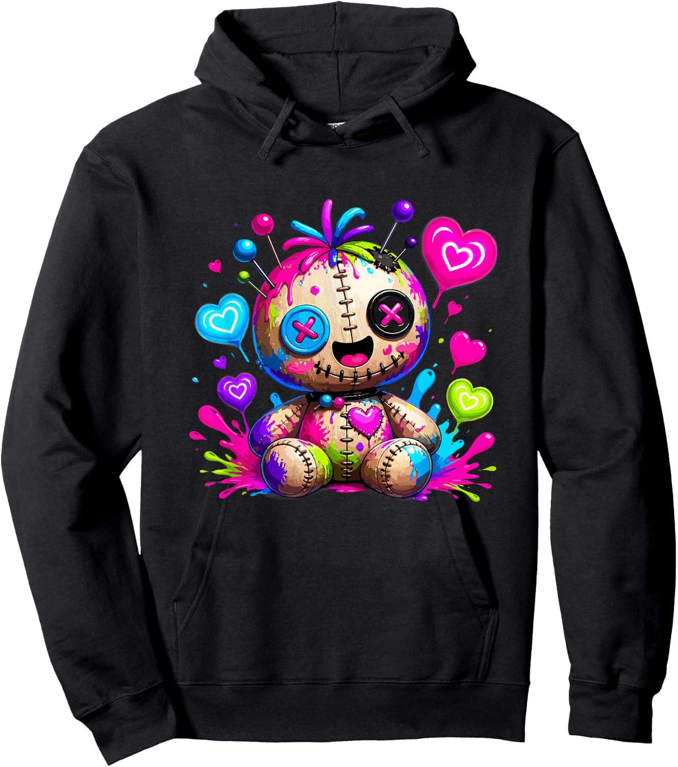 Colorful Creepy Cute Voodoo Doll Pastel Goth Hearts Hoodie - Hoodie | Black